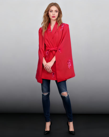 Rose V-Neck Waist Cinched Cape Jacket