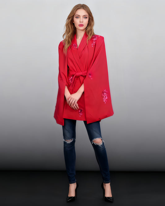 Rose V-Neck Waist Cinched Cape Jacket