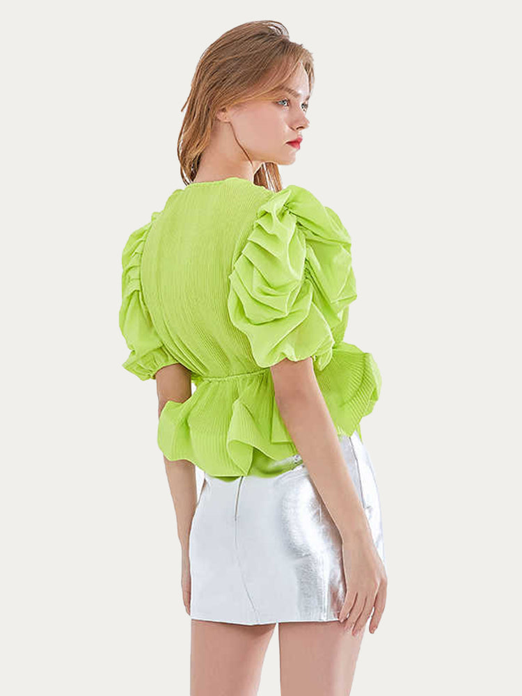 Bubble Sleeve Tie Waist Blouse