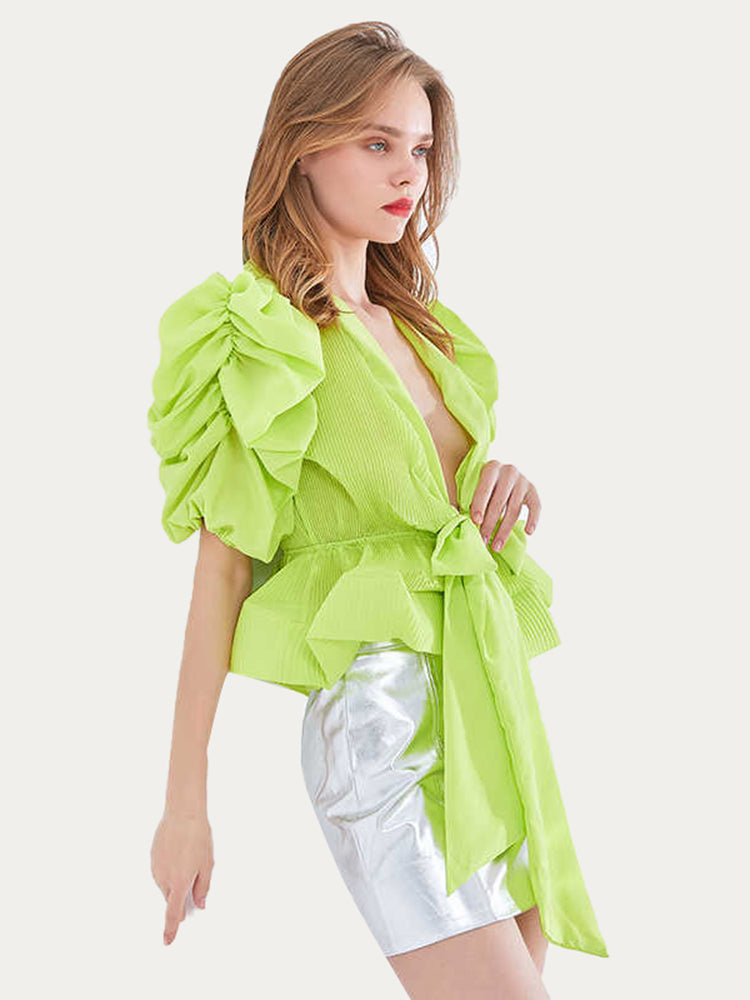 Bubble Sleeve Tie Waist Blouse