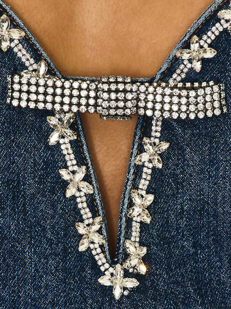 Denim V-neck Patchwork Diamonds Short Dress
