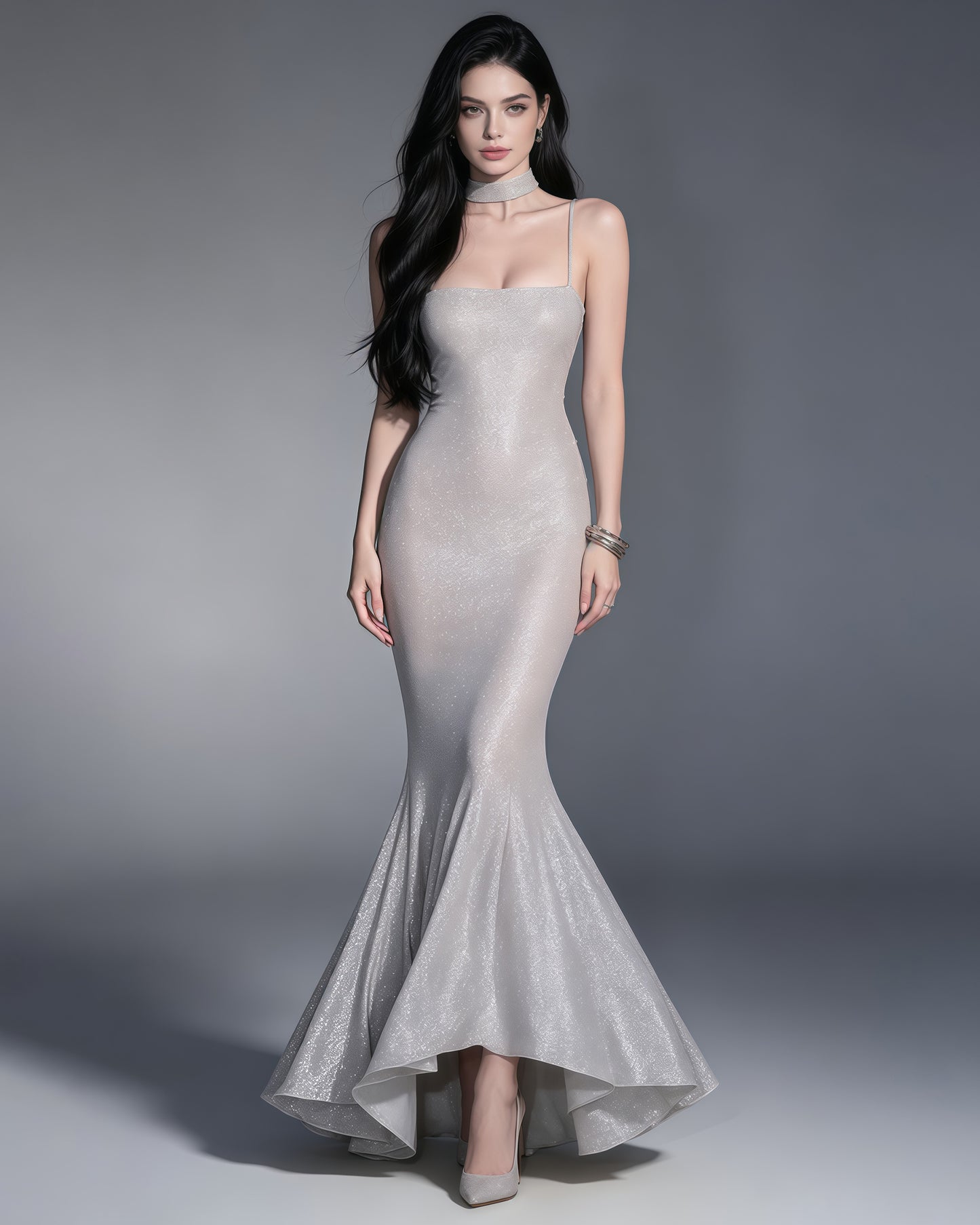 Silver Glitter Spaghetti Strap Mermaid Maxi Dress