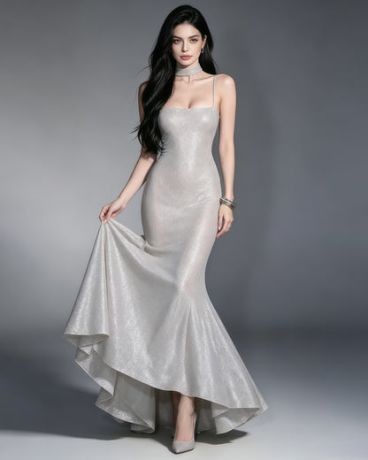 Silver Glitter Spaghetti Strap Mermaid Maxi Dress