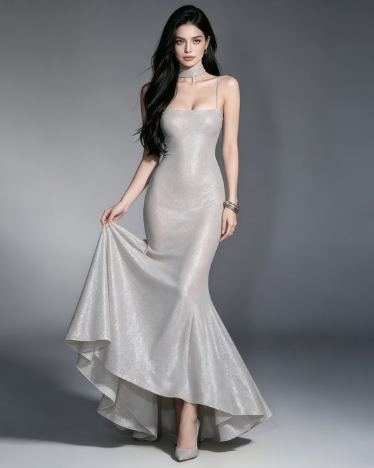 Silver Glitter Spaghetti Strap Mermaid Maxi Dress