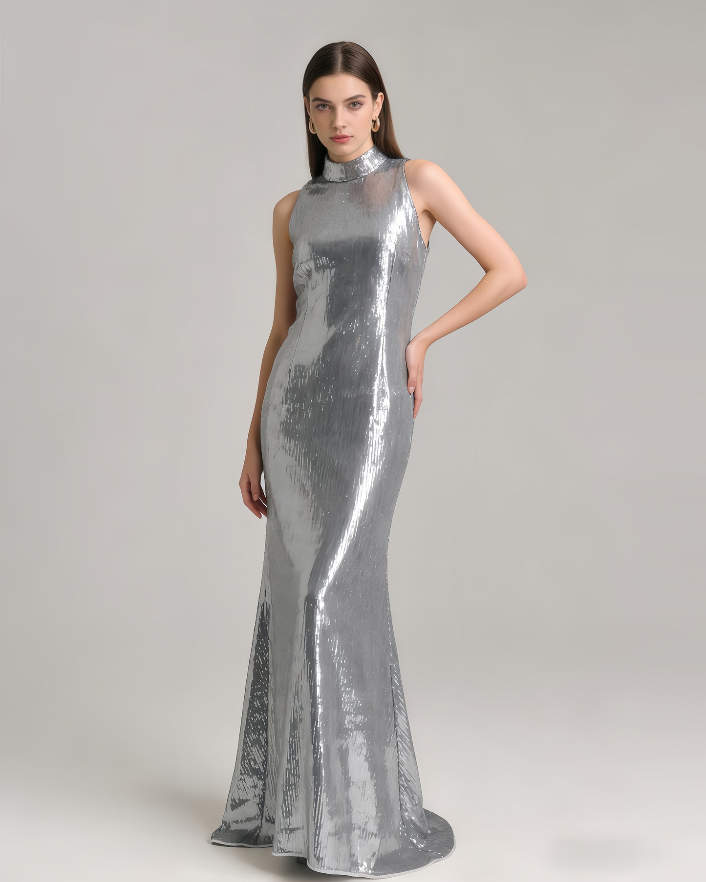 Silver Halter Sleeveless Sequin Mermaid Maxi Dress