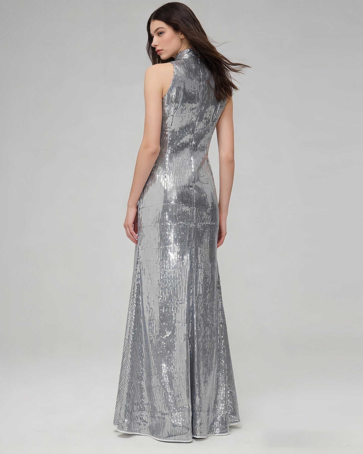 Silver Halter Sleeveless Sequin Mermaid Maxi Dress