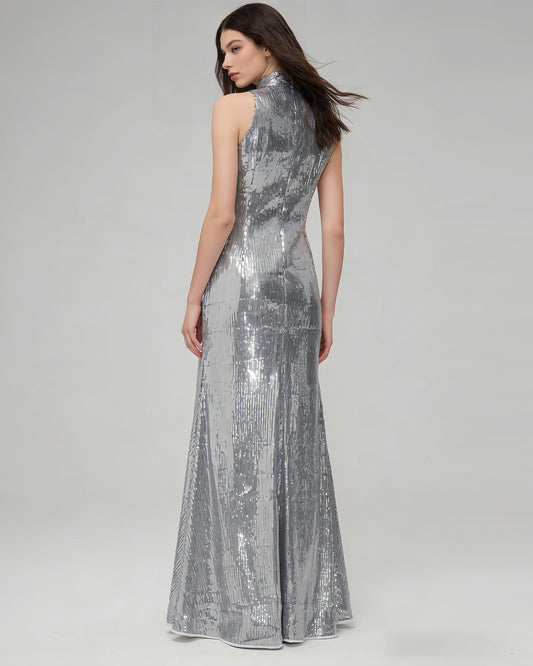 Silver Halter Sleeveless Sequin Mermaid Maxi Dress