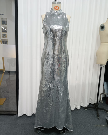 Silver Halter Sleeveless Sequin Mermaid Maxi Dress