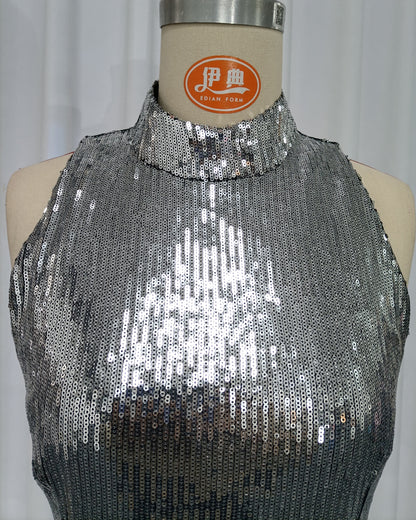 Silver Halter Sleeveless Sequin Mermaid Maxi Dress