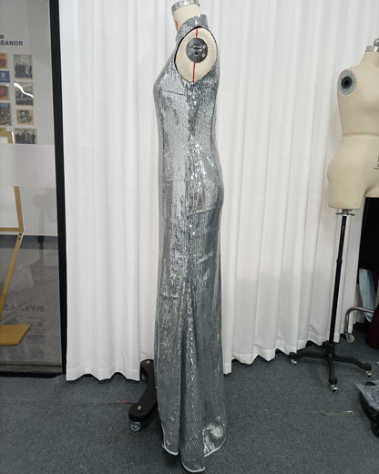 Silver Halter Sleeveless Sequin Mermaid Maxi Dress