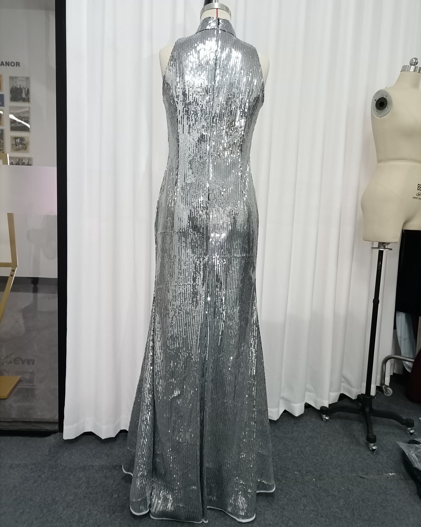 Silver Halter Sleeveless Sequin Mermaid Maxi Dress