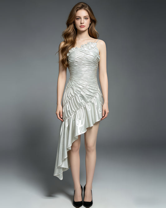 Silver Ruched Asymmetric Ruffle Mini Dress