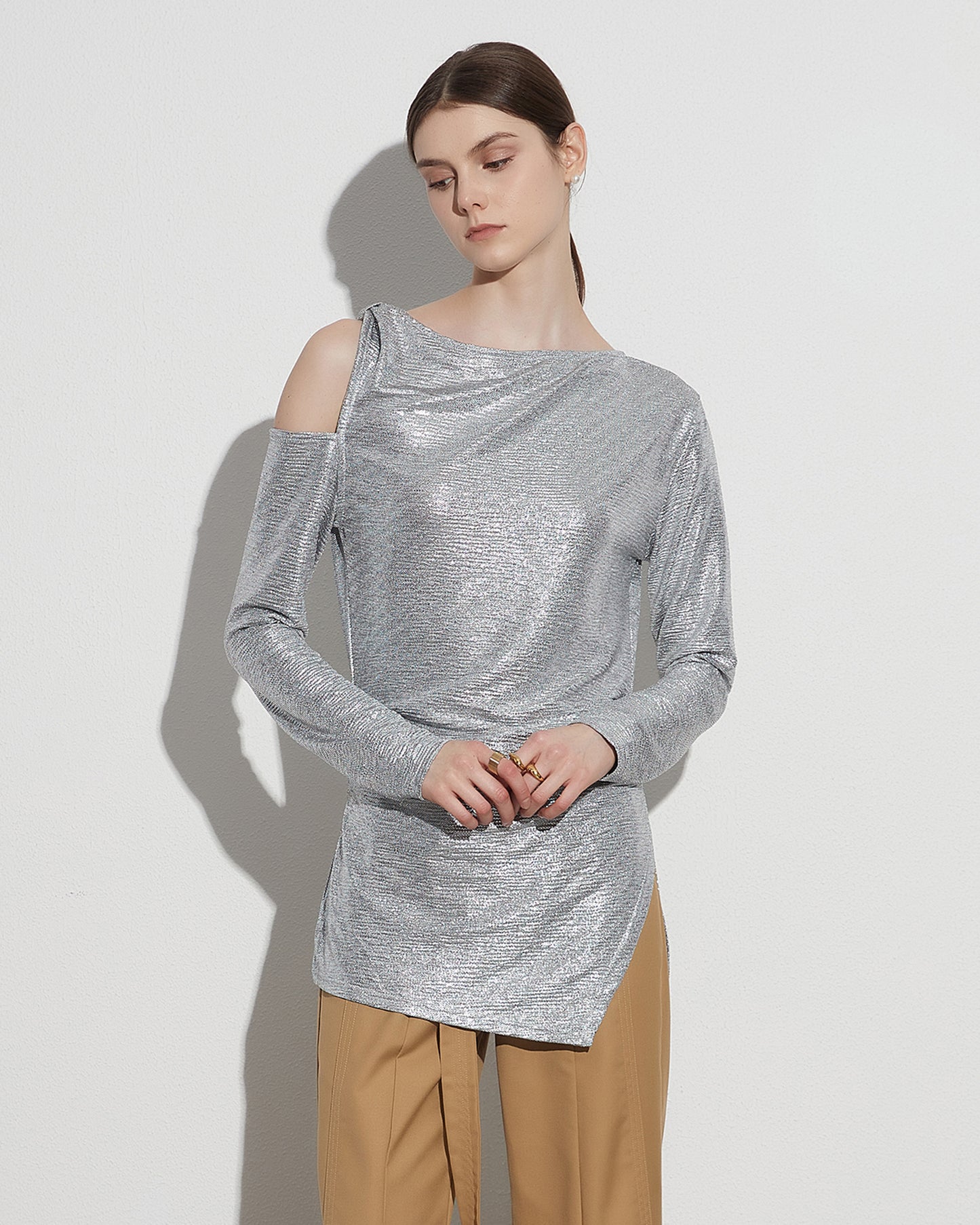 Silver Sequin Top with Cold Shoulder