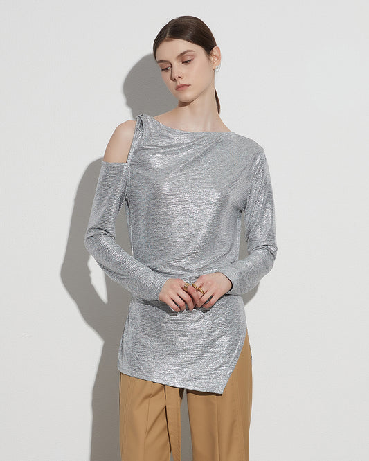 Silver Sequin Top with Cold Shoulder