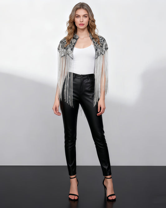 Silvery Embroidered Fringe Capelet Jacket