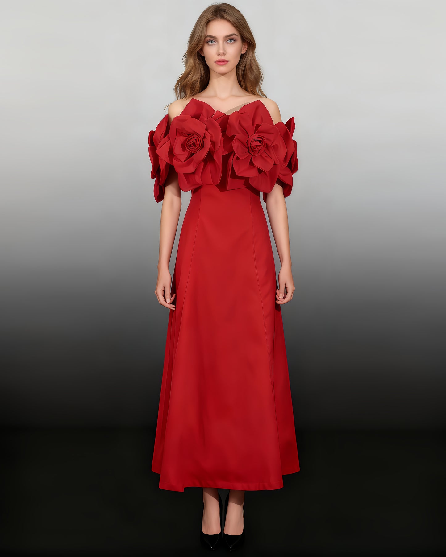 Statement Red Off - Shoulder Floral Applique Midi Dress