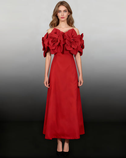 Statement Red Off - Shoulder Floral Applique Midi Dress