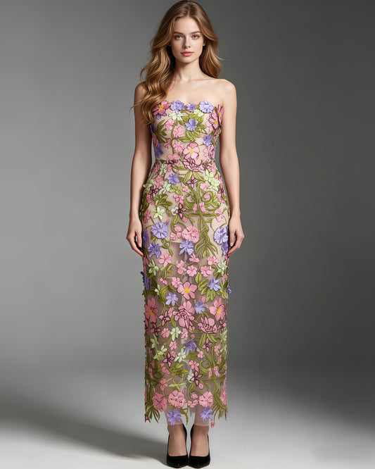 Strapless Floral Applique Mesh Midi Dress