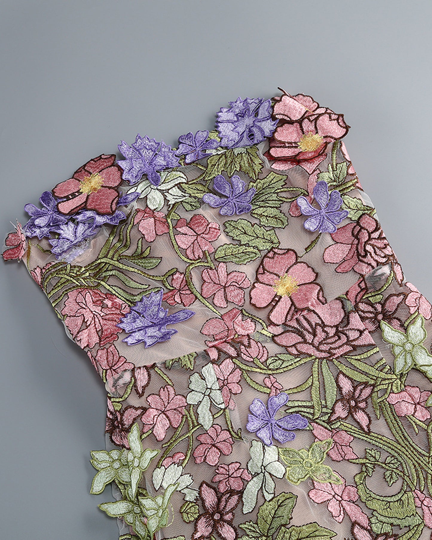Strapless Floral Applique Mesh Midi Dress