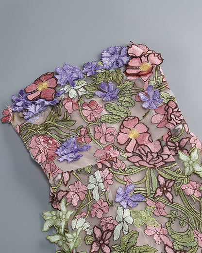 Strapless Floral Applique Mesh Midi Dress