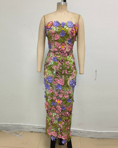 Strapless Floral Applique Mesh Midi Dress