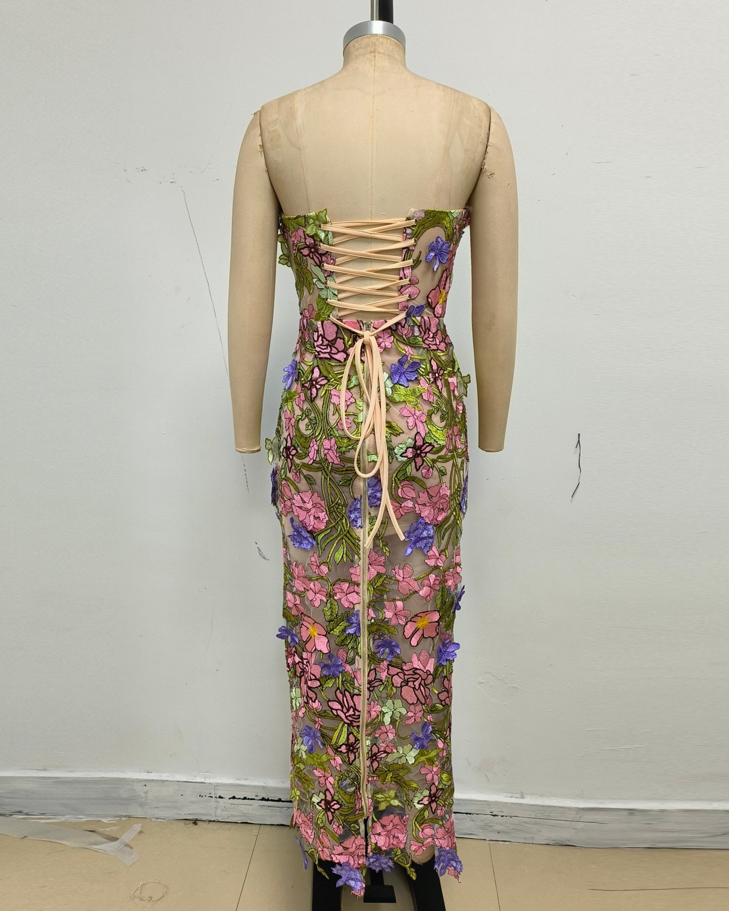 Strapless Floral Applique Mesh Midi Dress