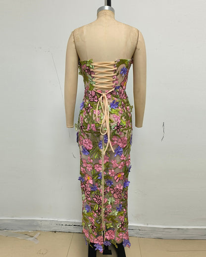 Strapless Floral Applique Mesh Midi Dress