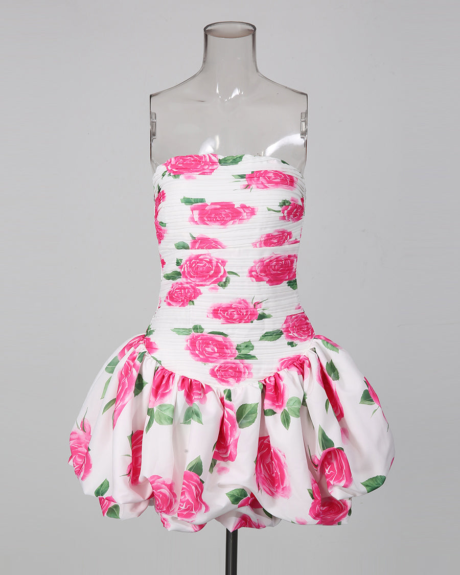 Strapless Print Pleated Bubble Hem Mini Dress