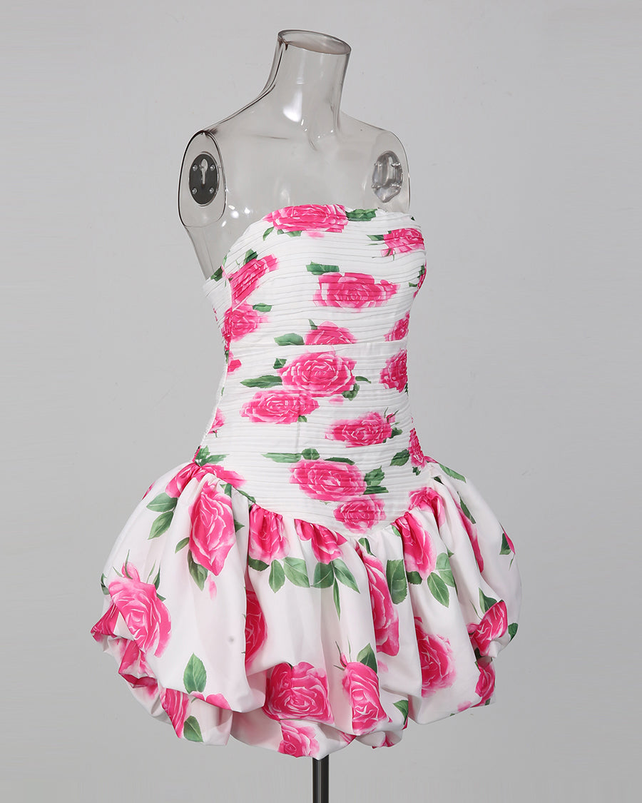 Strapless Print Pleated Bubble Hem Mini Dress