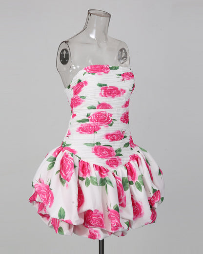 Strapless Print Pleated Bubble Hem Mini Dress