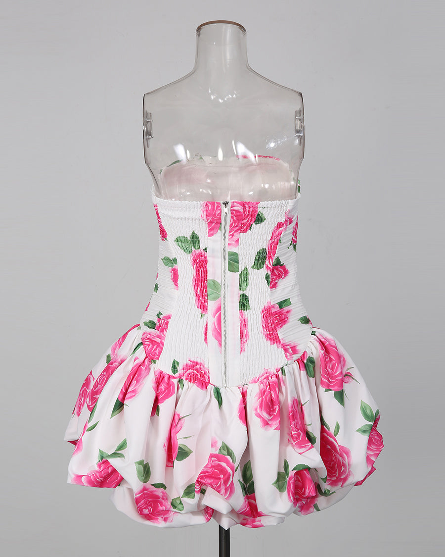 Strapless Print Pleated Bubble Hem Mini Dress