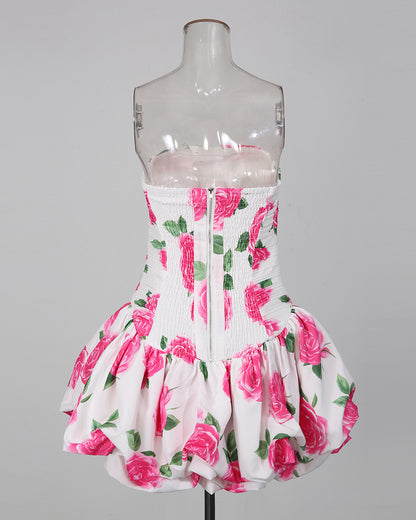 Strapless Print Pleated Bubble Hem Mini Dress