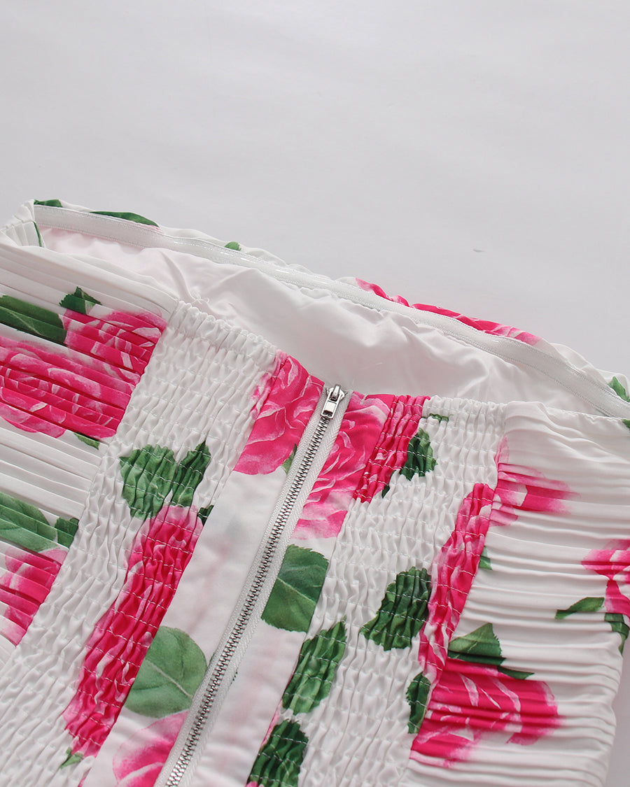 Strapless Print Pleated Bubble Hem Mini Dress