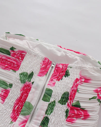 Strapless Print Pleated Bubble Hem Mini Dress