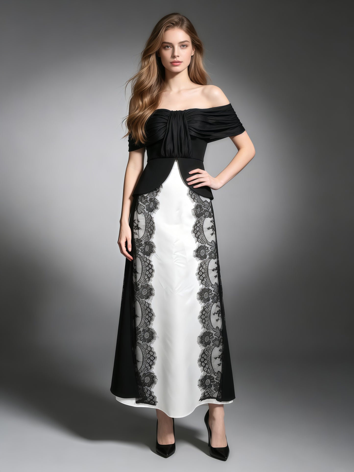 Strapless Spliced Lace Long Top Midi Skirt Set