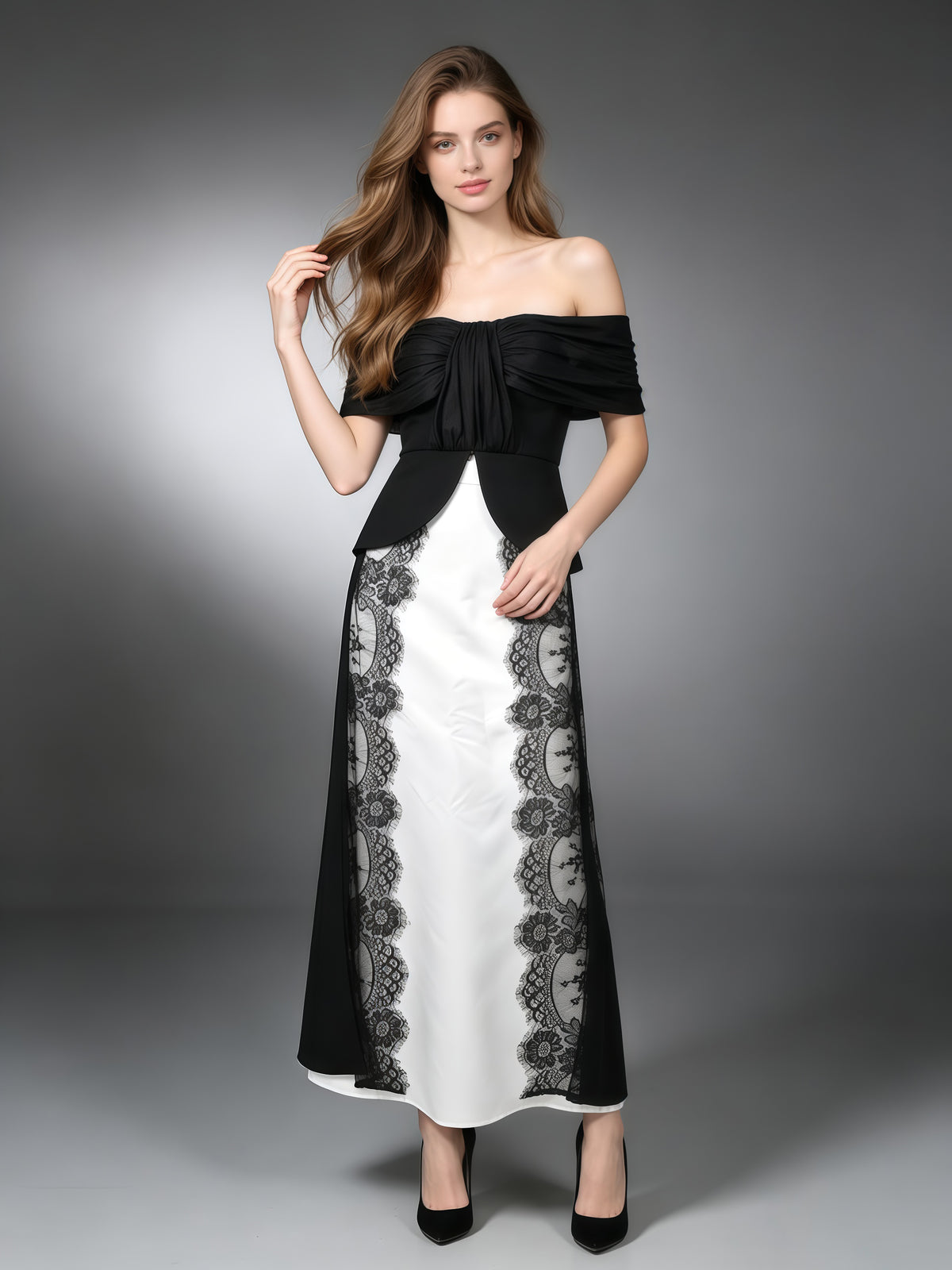 Strapless Spliced Lace Long Top Midi Skirt Set