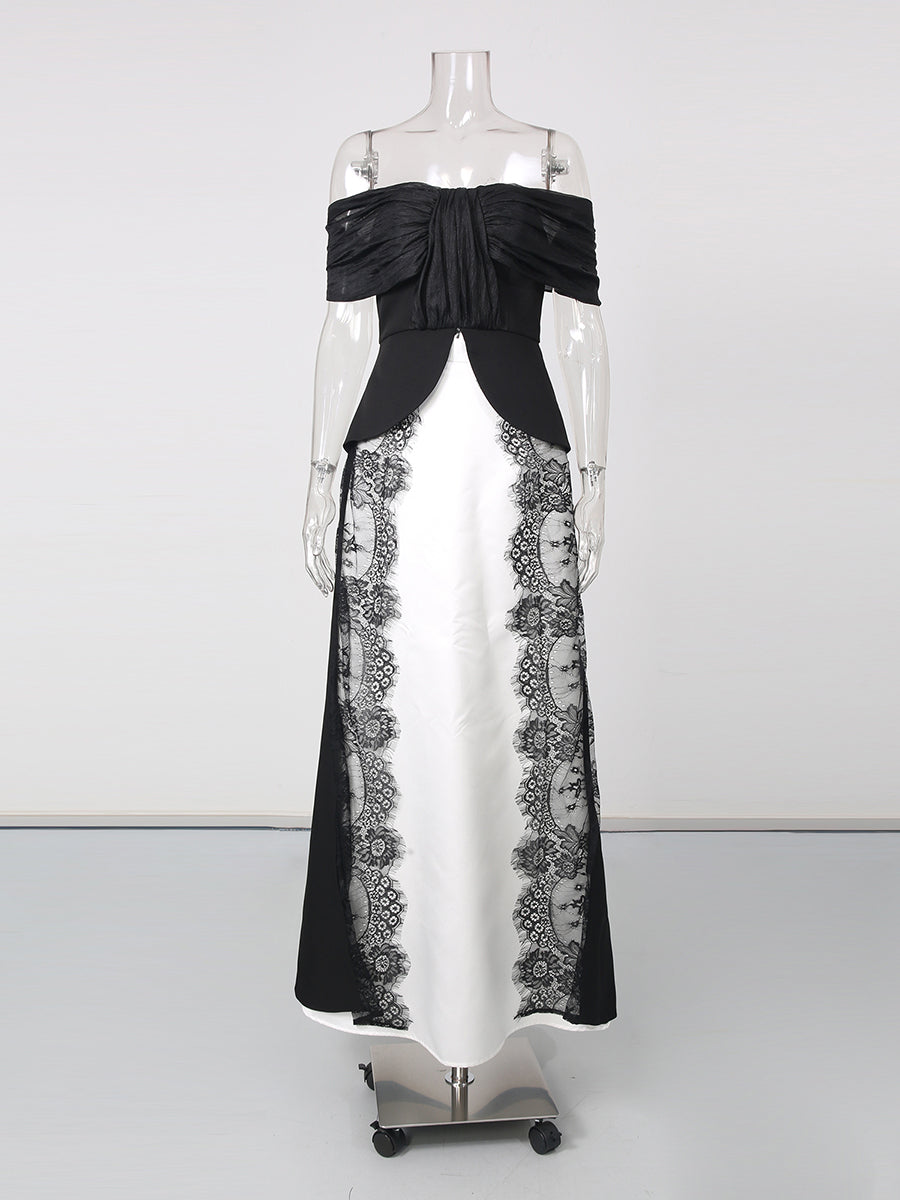Strapless Spliced Lace Long Top Midi Skirt Set