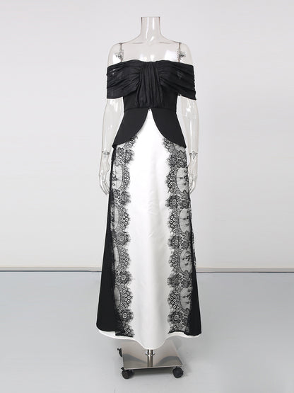Strapless Spliced Lace Long Top Midi Skirt Set