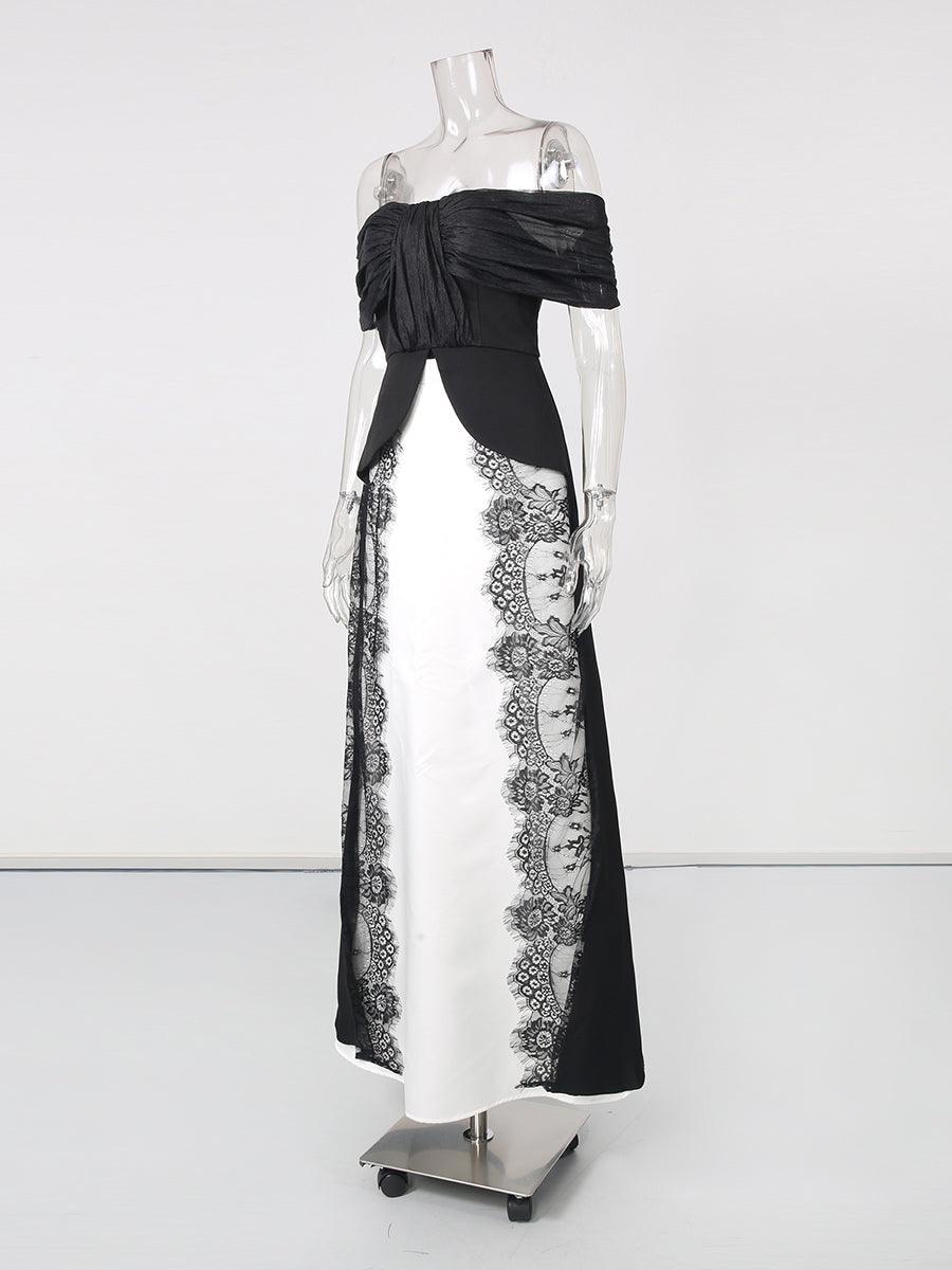 Strapless Spliced Lace Long Top Midi Skirt Set