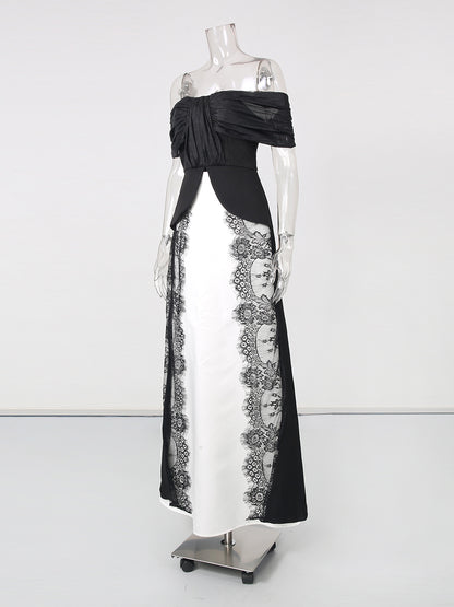 Strapless Spliced Lace Long Top Midi Skirt Set