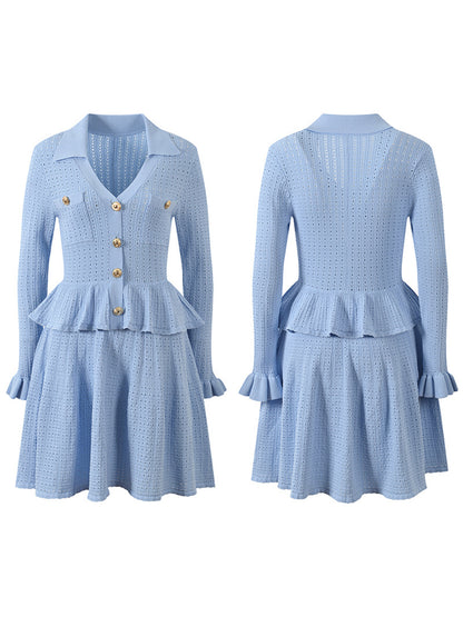 V-neck Solid Knitting Short Dress