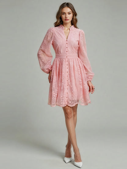 V-neck Solid Patchwork Mesh Short Dress