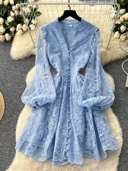 V-neck Solid Patchwork Mesh Short Dress