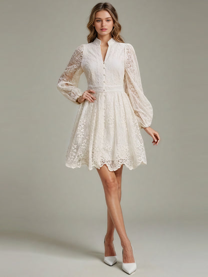 V-neck Solid Patchwork Mesh Short Dress