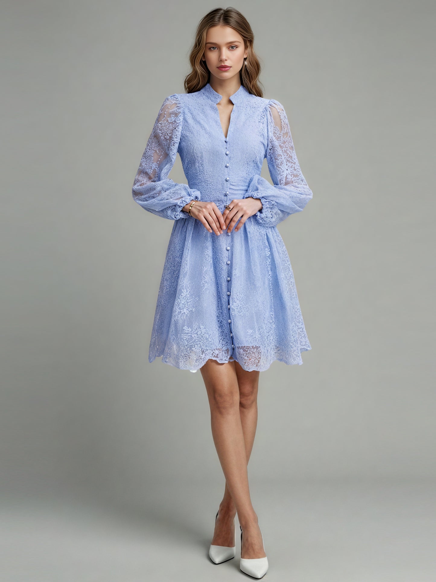 V-neck Solid Patchwork Mesh Short Dress