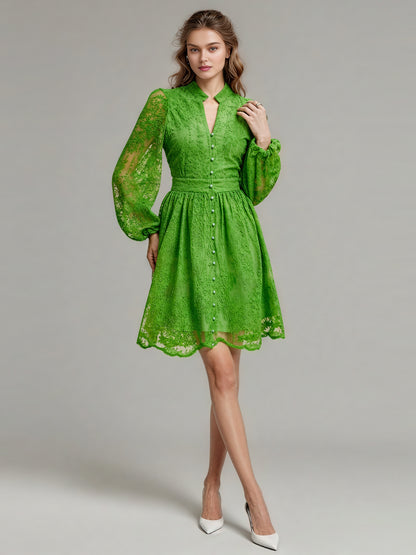 V-neck Solid Patchwork Mesh Short Dress