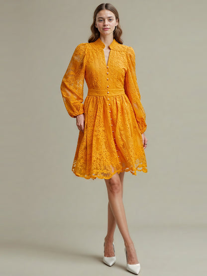 V-neck Solid Patchwork Mesh Short Dress