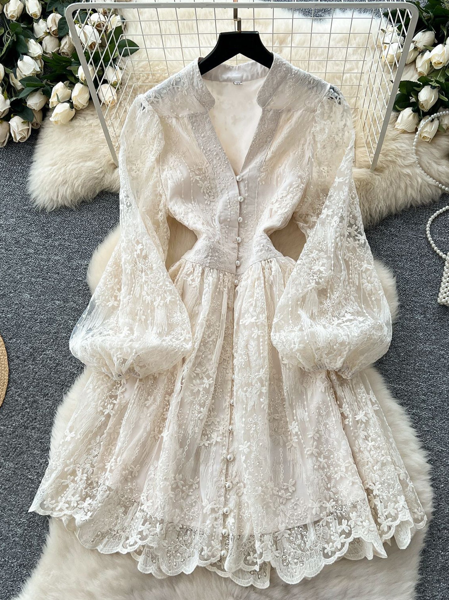 V-neck Solid Patchwork Mesh Short Dress