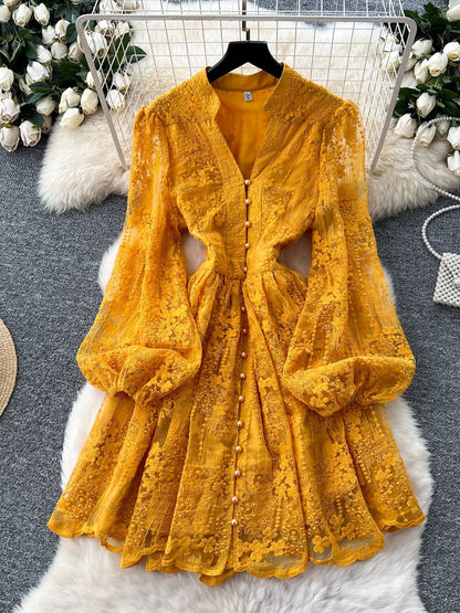 V-neck Solid Patchwork Mesh Short Dress