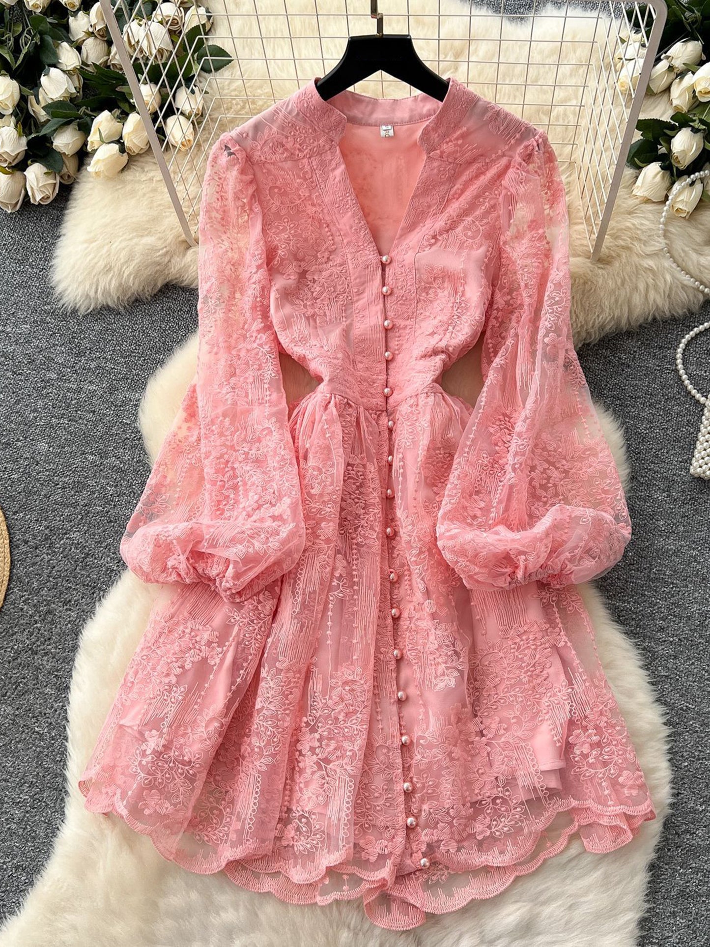 V-neck Solid Patchwork Mesh Short Dress